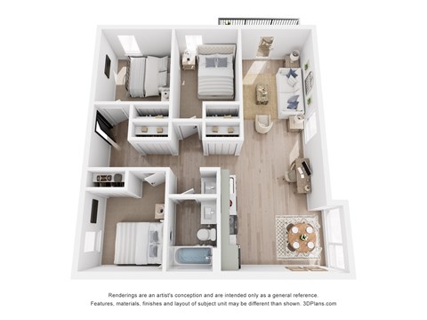 A 3D floor plan of a small apartment with a kitchen, living room, and two bedrooms.